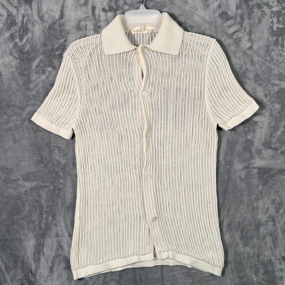 Suitsupply Off White Crochet Polo Cardigan Mens XS Ivory Knit Silk Sweater Open